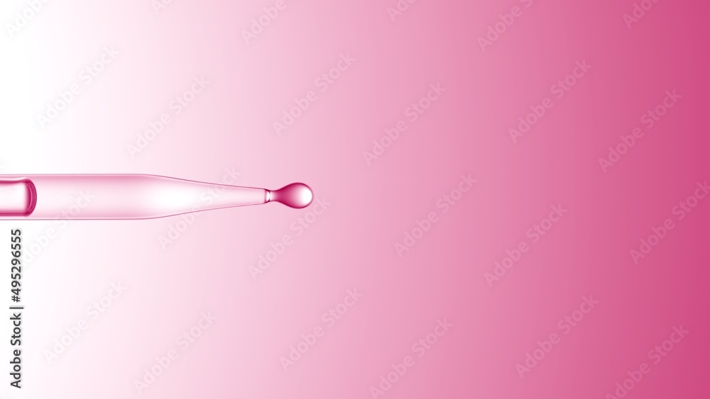 Macro shot of clear fluid is dripped from graduated chemical dropper on pale pink background | Abstract skin care product mixing concept Macro shot of clear fluid is dripped from graduated chemical dropper on pale pink background | Abstract skin care product mixing concept