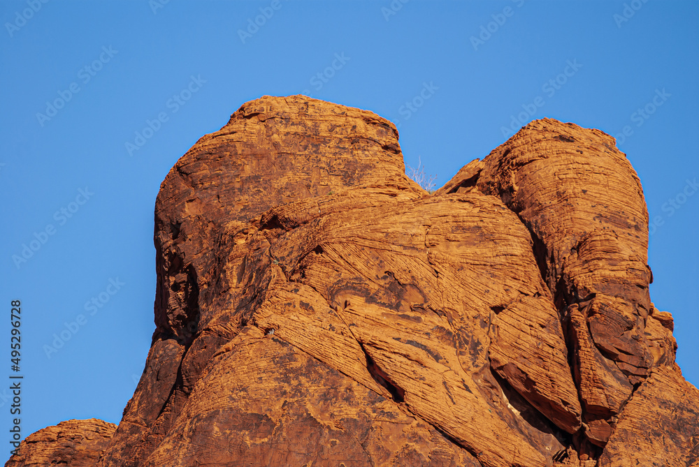 Overton, Nevada, USA - December 11, 2010: Valley of Fire. Closeup up of red-brown veiled head held together under blue sky. Overton, Nevada, USA - December 11, 2010: Valley of Fire. Closeup up of red-brown veiled head held together under blue sky.