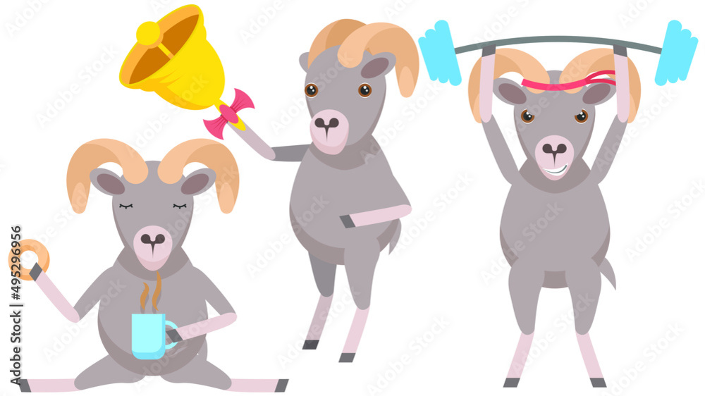 Obraz premium Set Abstract Collection Flat Cartoon Different Animal Arhali Rings The Bell, Drinking Tea With Donut, Goes In For Sports With A Barbell Vector Design Style Elements Fauna Wildlife