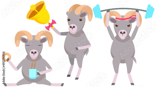 Set Abstract Collection Flat Cartoon Different Animal Arhali Rings The Bell, Drinking Tea With Donut, Goes In For Sports With A Barbell Vector Design Style Elements Fauna Wildlife