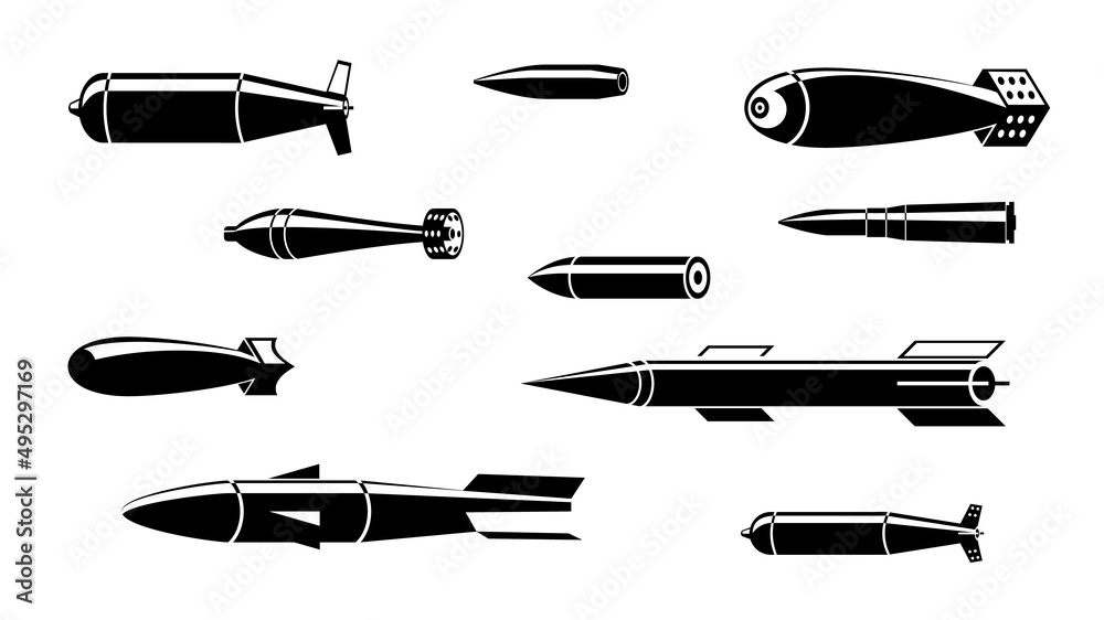 A large set of realistic icons of various ammunition