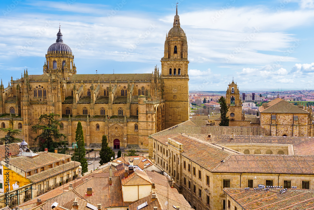 Stunning aerial view of the city of Salamanca with its cathedral emerging from the roofs of the houses.