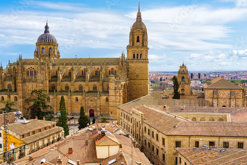 Stunning aerial view of the city of Salamanca with its cathedral emerging from the roofs of the houses. photo