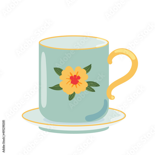 Tea cup side view decorated with design elements flat cartoon illustration. Colored mug hand drawn trendy vector design. Cute trendy crockery with handle for drink isolated on a white background