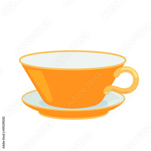 Tea cup side view decorated with design elements flat cartoon illustration. Colored mug hand drawn trendy vector design. Cute trendy crockery with handle for drink isolated on a white background