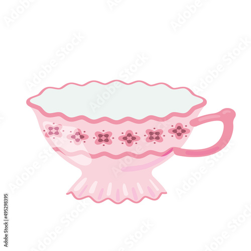 Tea cup side view decorated with design elements flat cartoon illustration. Colored mug hand drawn trendy vector design. Cute trendy crockery with handle for drink isolated on a white background