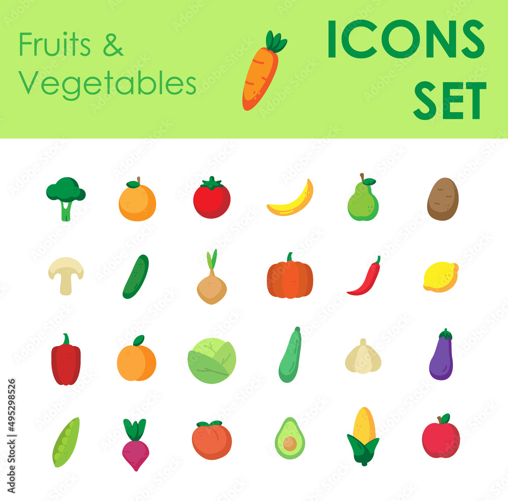 Set of vegetables and fruits icons, food flat color icon set, healthy and veggy Set of vegetables and fruits icons, food flat color icon set, healthy and veggy