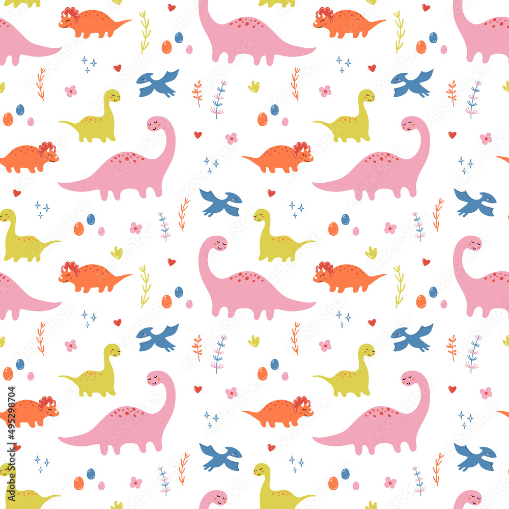 Doodle dinosaur pattern. Childish seamless print with cute little dinos, trees and flowers for kids textile, wrapping, wallpaper, apparel. Vector illustration Doodle dinosaur pattern. Childish seamless print with cute little dinos, trees and flowers for kids textile, wrapping, wallpaper, apparel. Vector illustration