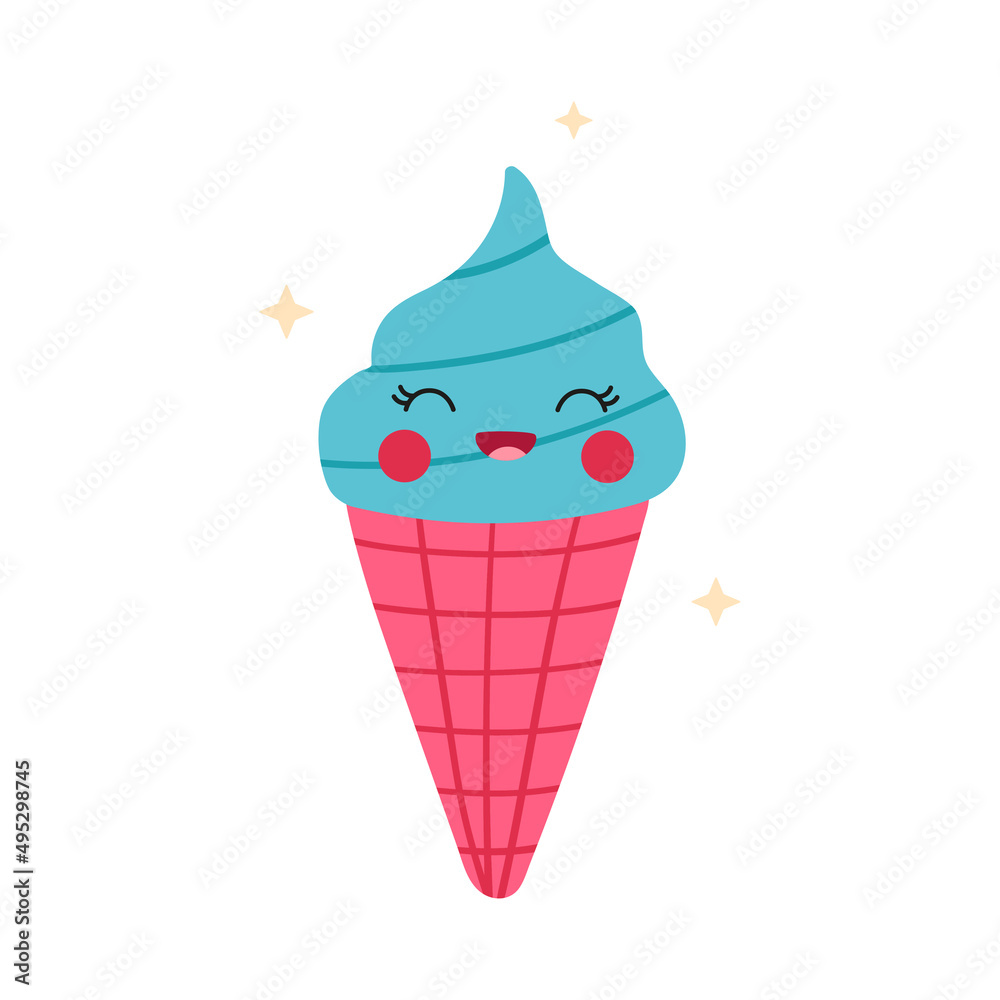 Kawaii cartoon ice cream character isolated on white background. Funny vector food illustration for kids textile or printing on any surface