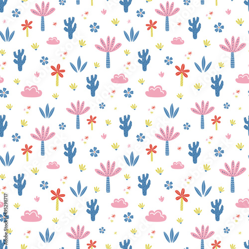 Doodle jungle vector pattern. Childish seamless print with cute abstract palm trees, cactuses, flowers and clouds for kids textile, wrapping paper, wallpaper and apparel