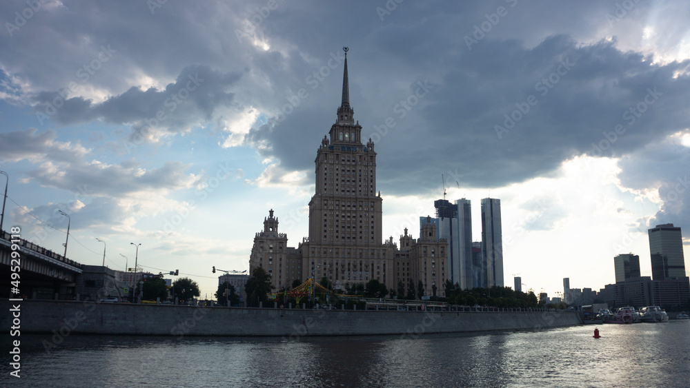 Hotel Ukraina skyscraper in the moody weather, Moscow, Russia  