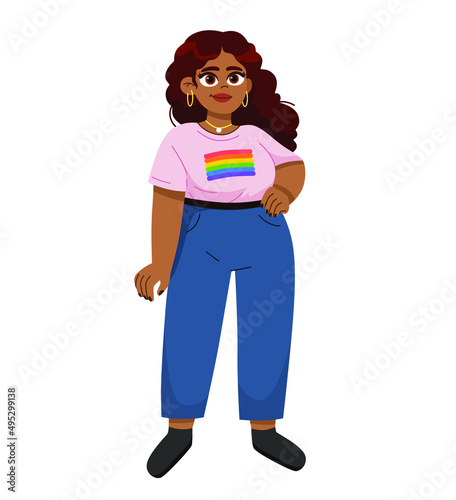A member of the LGBTQ community wearing a nonbinary pin, LGBT pride theme
Colorful vector illustration with Young Black woman.  Diversity, activism. Support of LGBT community.