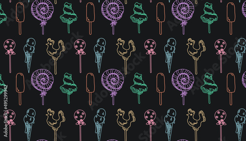 Vector illustration Linear pattern with neon sweets on a black background ice cream cotton candy 