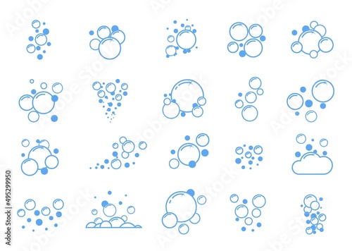 Blue flat bubbles. Outline soap balls. Fizzy soda effect. Simple air icons. Boiling water silhouettes. Shampoo or powder scum. Clean forms. Laundry or bath lather. Vector foam shapes set
