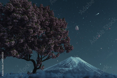 3d rendering of japanese cherry tree covered by fluffy clouds at night