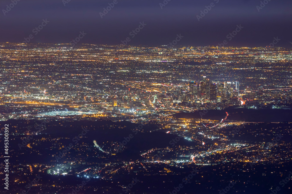 Night aerial view of Los Angeles downtown cityscape