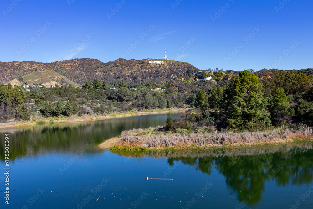 Morning view of Hollywood reservoir with Hollywood sign