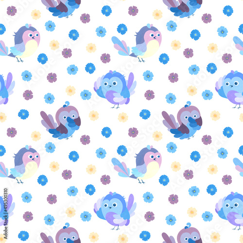 Cute lilac birds in a naive style. Small blue, lilac and beige flowers. Watercolor seamless pattern.