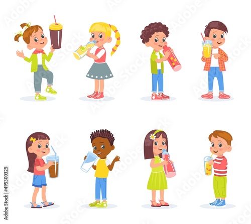 Children drink. Little girls and boys with different beverages. Kids drinking water, juice and milk. Bottles and glasses. Babies quench thirst. Soda and lemonade. Vector teenagers set