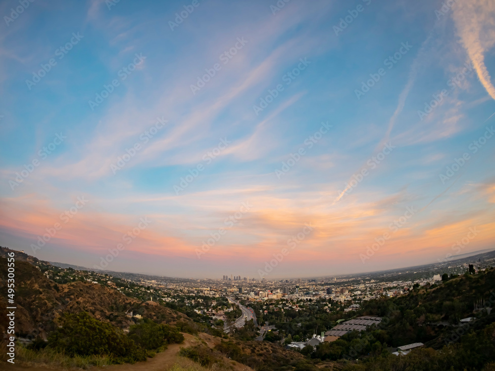 Sunset high angle view of the Los Angeles cityscape from hollywood bowl