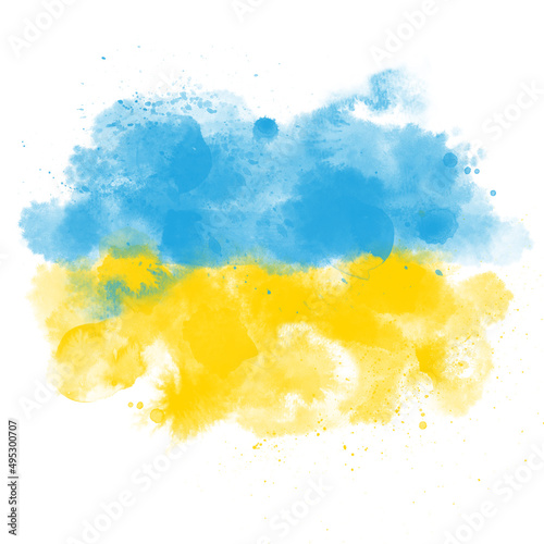 Watercolor painted Ukranian flag with abstract stains.
