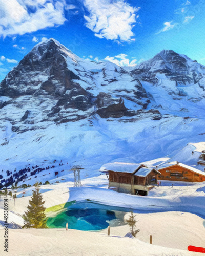 Watercolor and pastel drawing nature landscape, popular travel and touristic place, canvas texture on background, trend print for poster, textile or canvas. Modern fine arts design wallpaper. Wall art