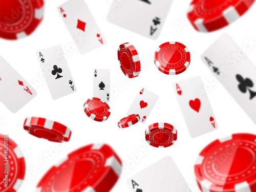 Falling aces and chips. Flying gambling elements background. Poker cards and tokens. Different view angles. Fortune game. Playing roulette and betting. Gamble accessories. Vector concept