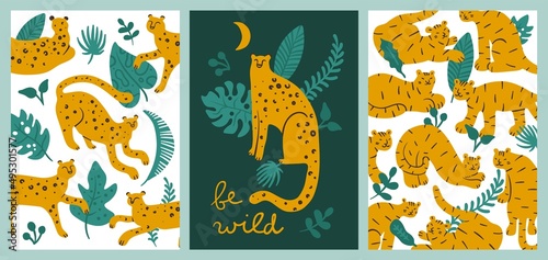 Fototapeta Naklejka Na Ścianę i Meble -  Leopards and tigers cards. Cute animals, primitive doodle style, exotic wildlife, tropical plants, trendy jaguars and cheetahs. Wild cats patterns and posters vector set