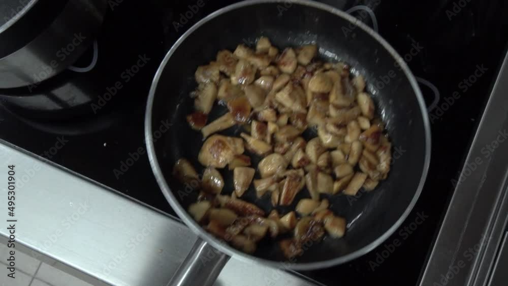 The chef stirs wild mushrooms in a hot pan. Food in the kitchen. Healthy food in the gourmet kitchen. Cooking. Prepare food to eat. Tasty dish. Cooking. Home restaurant. The chef stirs wild mushrooms in a hot pan. Food in the kitchen. Healthy food in the gourmet kitchen. Cooking. Prepare food to eat. Tasty dish. Cooking. Home restaurant.