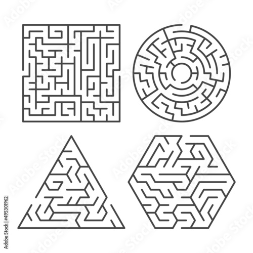 Maze game ways. Outlines puzzles. Different shapes of interesting kids labyrinths. Searching route to exit. Complex educational plays. Finding path. Thinking tasks. Vector jigsaws set