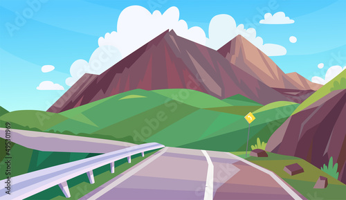 Mountain landscape with clouds and road, vector horizontal illustration 