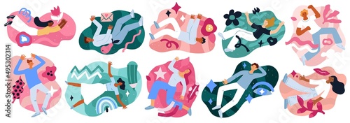 People flying space. Free floating persons. Men and women among abstract shapes in weightlessness. Inspiration and Imagination concept. Relax and finding ideas. Vector dreaming persons set