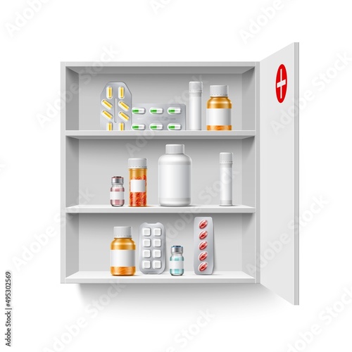 Realistic medicine cabinet. 3D home first aid kit. Shelves with drugs bottles and blisters with pills. Ampoules and jars for remedies. Pharmacy storage. Box hanging on wall. Vector concept