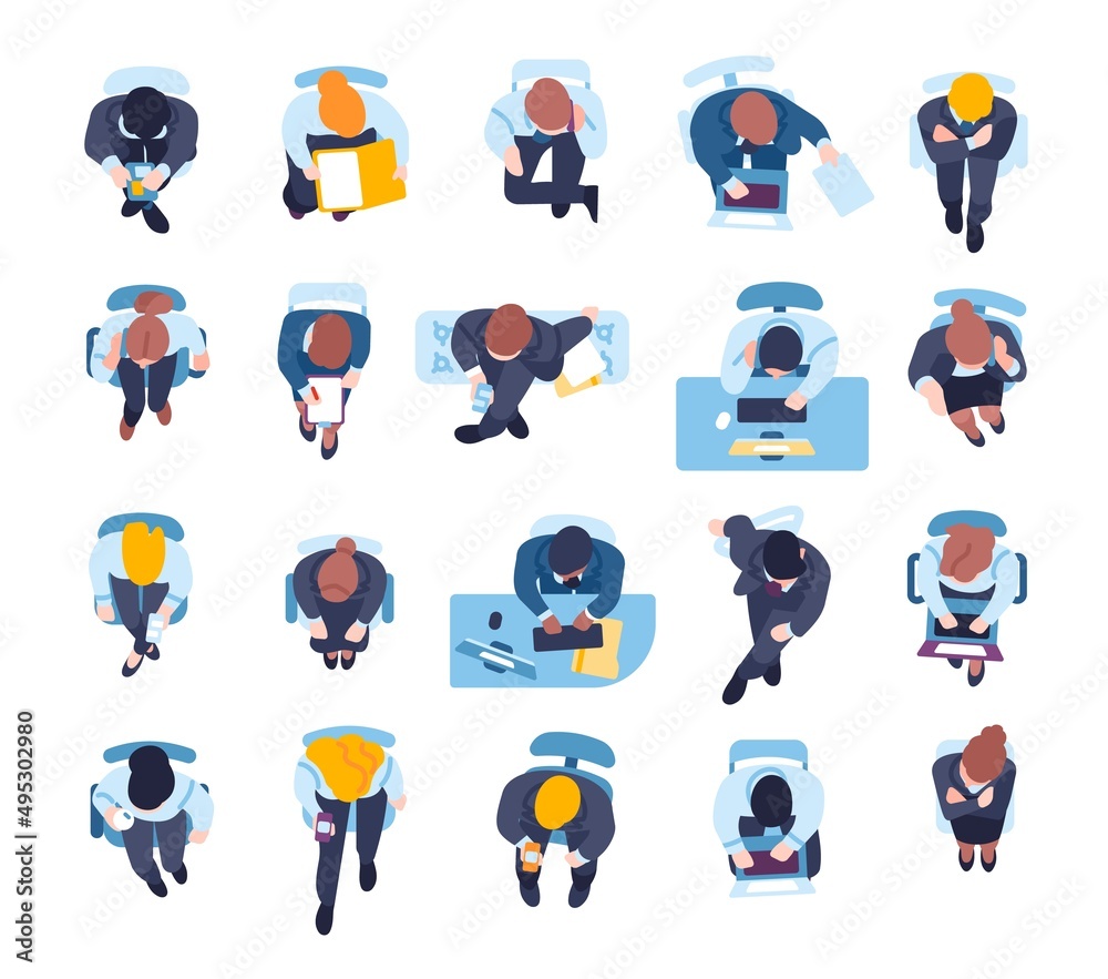 Fototapeta premium Sitting business characters top view. Employees in formal suits. People sit in different chairs, armchairs and couches. Persons working at workplaces with laptops. Vector workers set