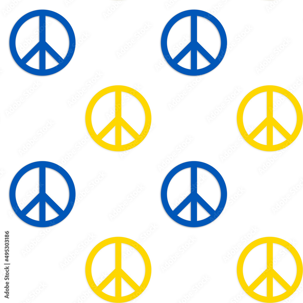 Several yellow and blue peace symbols on a white background, seamless pattern. Colors are from Ukraine's flag. Peace in Ukraine concept. Several yellow and blue peace symbols on a white background, seamless pattern. Colors are from Ukraine's flag. Peace in Ukraine concept.