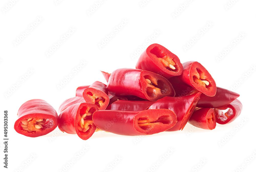 Pile of chopped red hot chili peppers isolated on a white background Pile of chopped red hot chili peppers isolated on a white background
