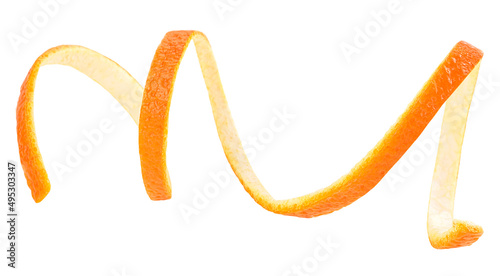 Orange peel or orange twist isolated on a white background. Citrus fruit. Orange zest spiral.