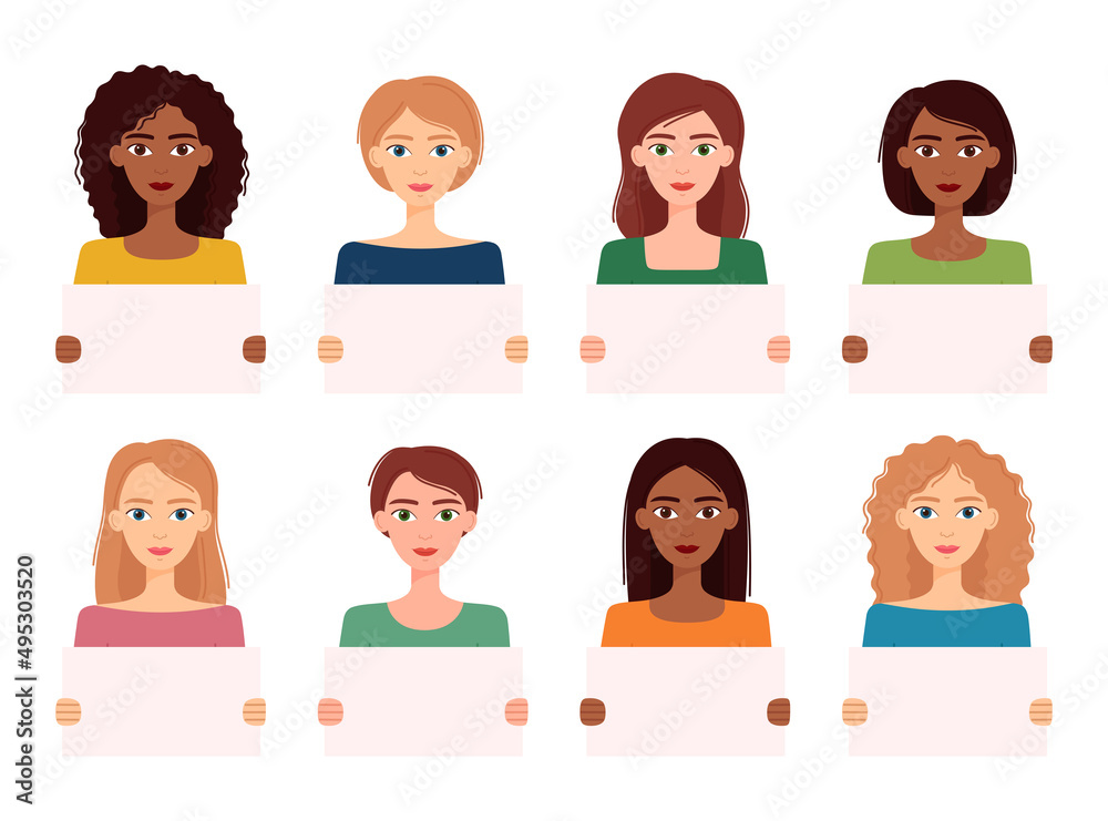 Women holding empty placards. Beautiful girls demonstrating empty banners. Demonstration and protest concept. Vector illustration