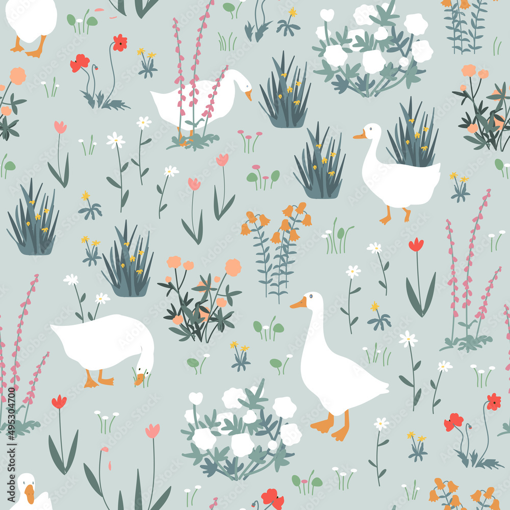 Cute seamless pattern with goose and doodle flowers. Geese in the spring garden. Vector illustration.