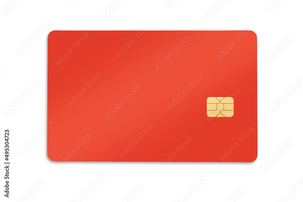Blank red credit card with a chip isolated with clipping path