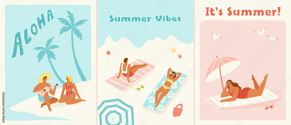 People enjoying their summer vacation on the beach. Set of three poster or banner designs in trendy retro style. Vector illustration of the seaside summer holiday concept.