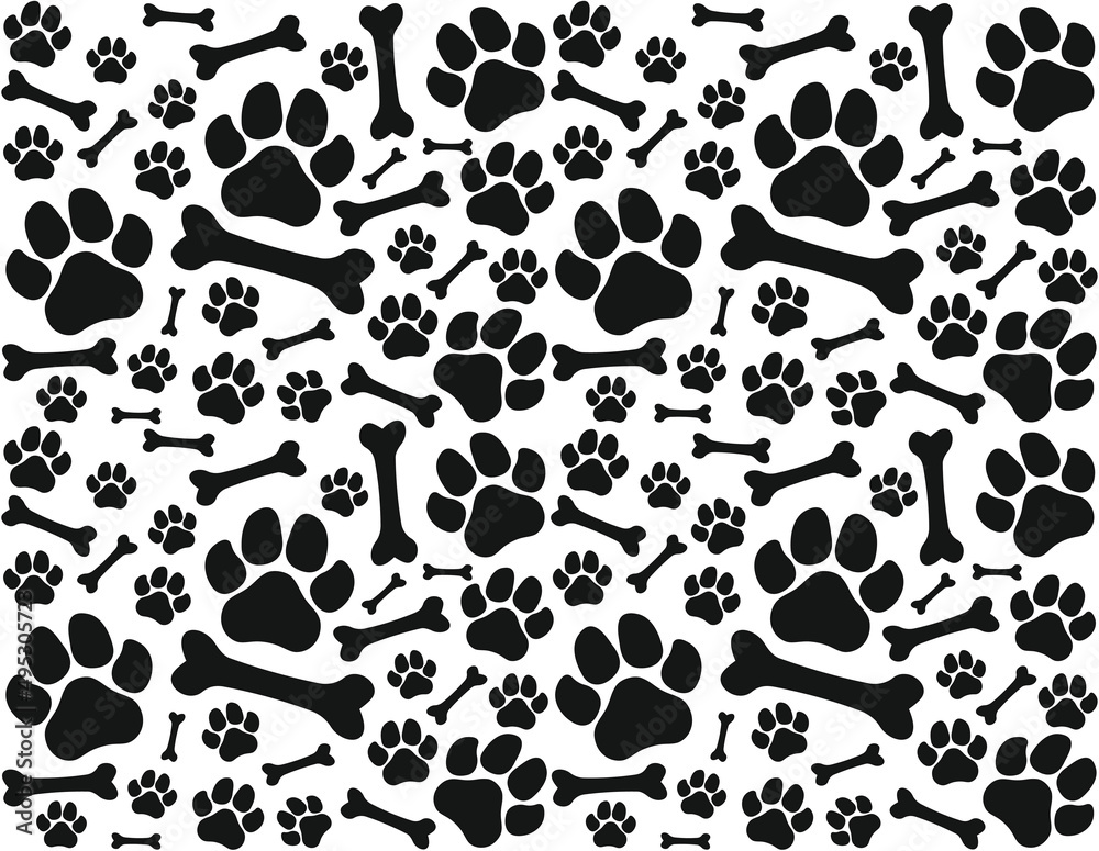 Seamless endless dense vector pattern of traces of dog paws. Dog legs and bones. Monochrome Seamless endless dense vector pattern of traces of dog paws. Dog legs and bones. Monochrome