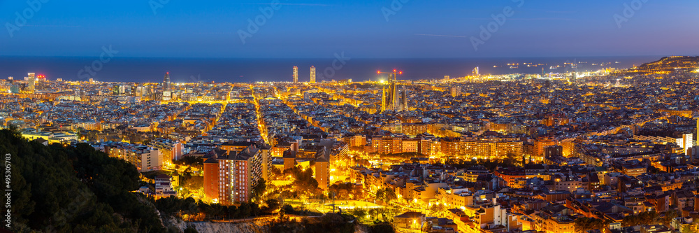 Barcelona skyline city town overview with Sagrada Familia church cathedral panorama in Spain