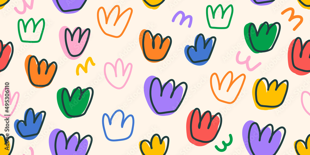 Obraz premium Bright childish naive pattern with doodle flowers seamless pattern. Print for notebooks, clothes, packaging. Multicolor line drawing