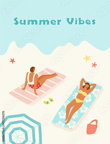 Two girls enjoying their summer vacation on the beach. Vector illustration of women lying on blankets by the sea. Poster or banner design in trendy retro style.