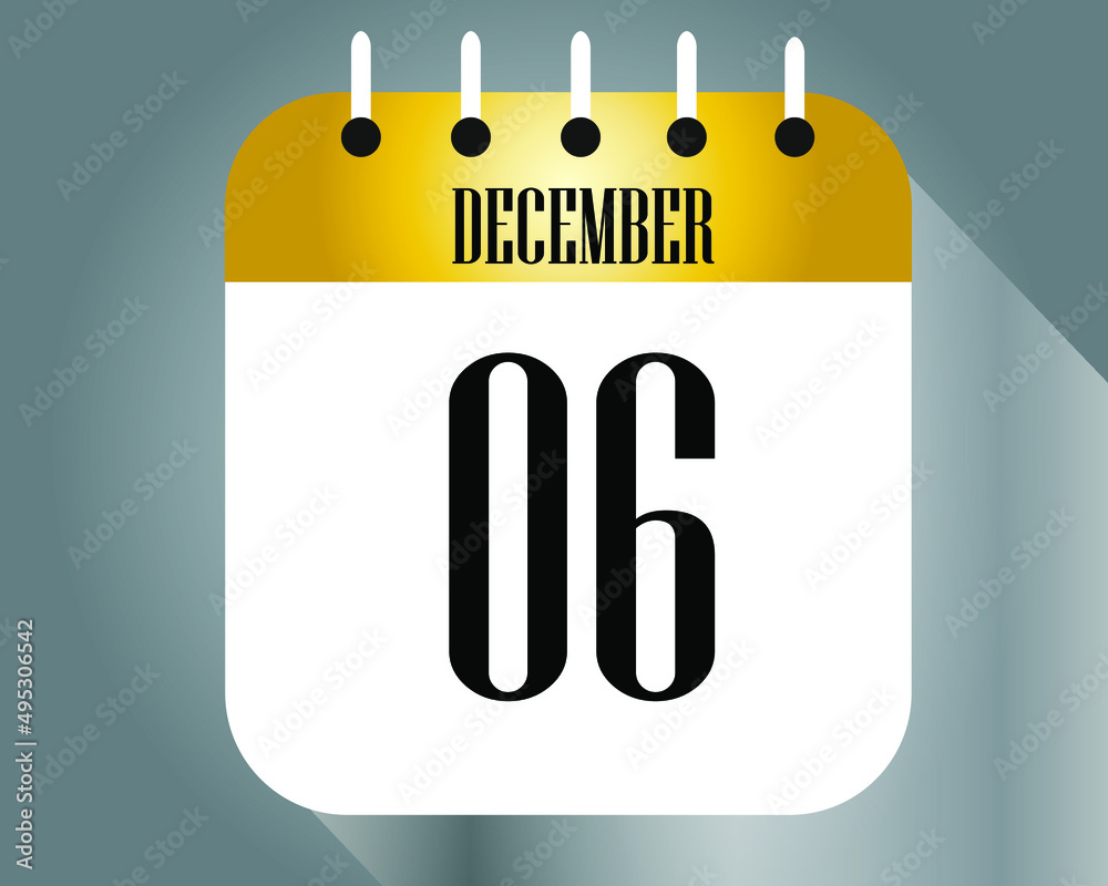 December day 6. Calendar icon on a white paper with golden color border on a gray background vector. December day 6. Calendar icon on a white paper with golden color border on a gray background vector.