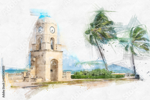 Fototapeta Watercolor painting illustration of Palm Beach Worth Avenue clock tower Florida