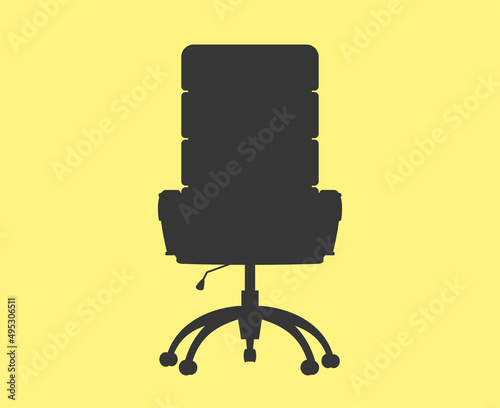 Front view office chair. Comfortable black leather swivel chair with high back and handrails. Working interior furniture. Cartoon vector flat illustration isolated