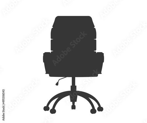Front view black office chair. Comfortable leather swivel chair with high back and handrails. Working interior furniture. Cartoon vector flat illustration isolated