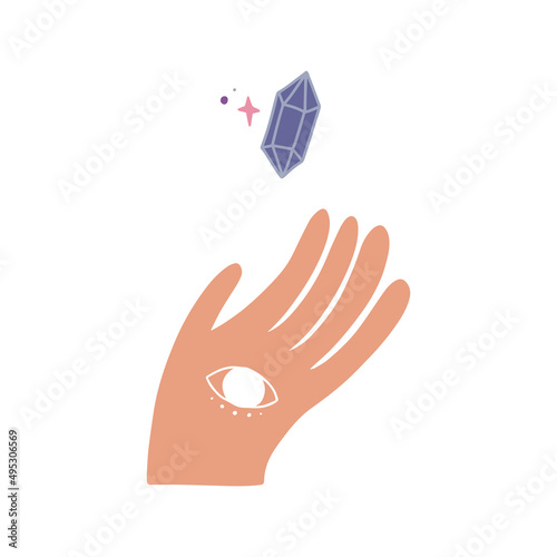 Palmistry and hieromancy. Hand lines and their meanings. Moon phases. Constellations and symbols. Magical hand drawn vector illustration for web and print design. Trendy colourful palmistry hand.